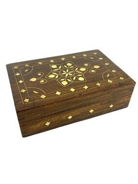 Handcrafted Wooden Jewelry Stash Box Inlaid Design Rectangular Stars Boho